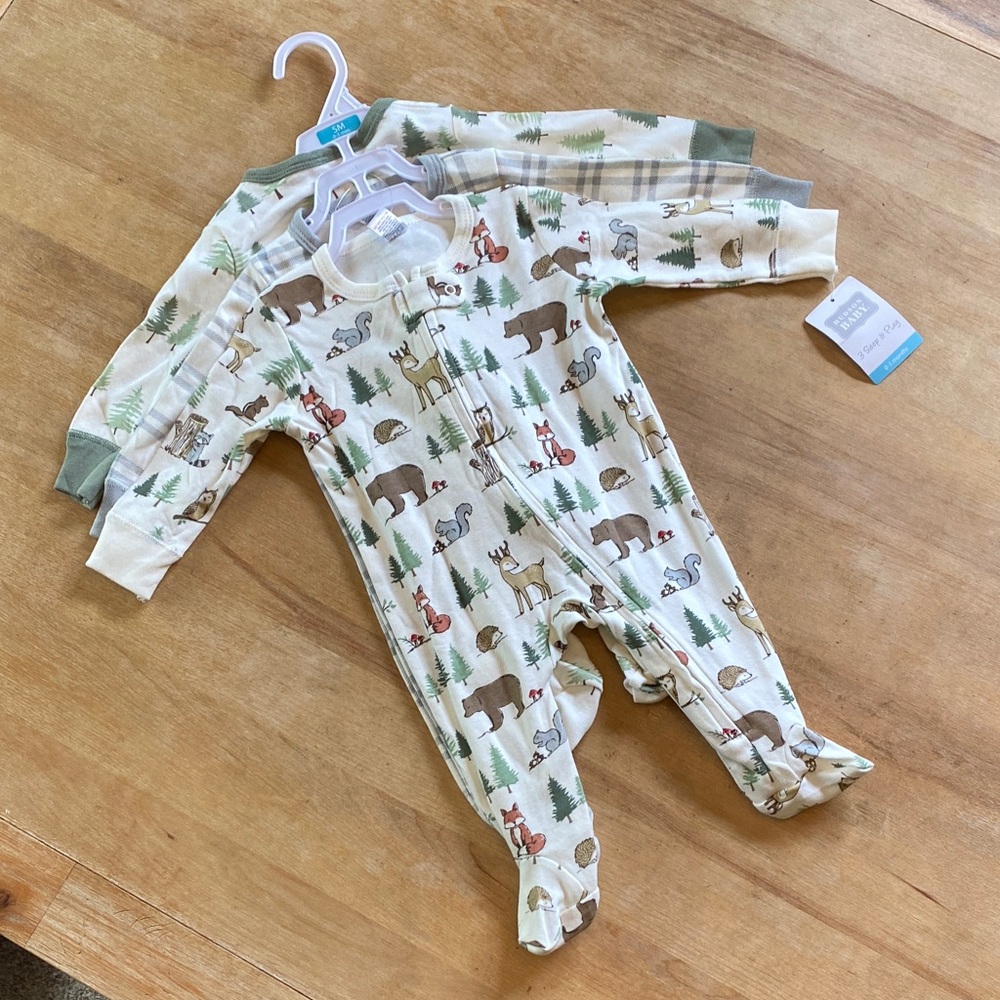 Set of THREE Baby Woodland Animals Footed pajamas sz 0-3 mos